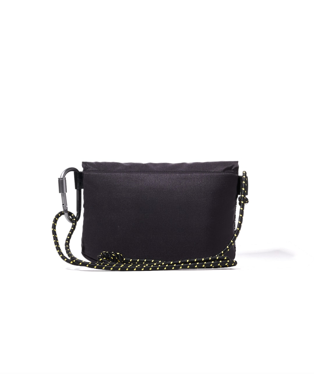 Rear view of the black SYMA Chain resting with its speckled paracord strap pooled at the base, highlighting its ultra-thin packable profile. Compact sacoche bag.