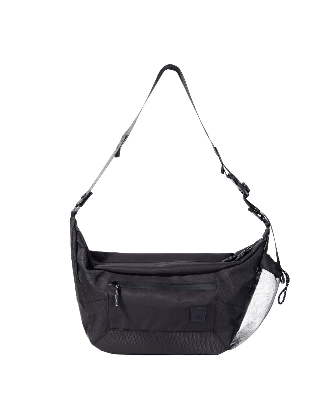Straight front view of the black SYMA Drone highlighting its spacious main body, quick-access front zippered pocket, and side mesh detail. Urban sling bag.