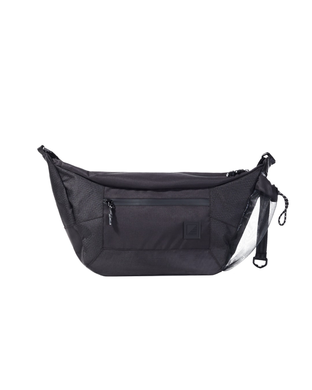 Straight front view of the black SYMA Drone body resting without its strap, highlighting its spacious standalone silhouette, front zippered pocket, and side mesh detail. Urban sling bag.