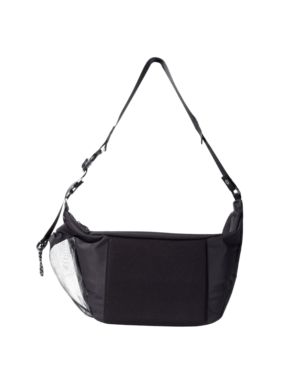 Straight rear view of the black SYMA Drone highlighting its wide adjustable strap and large breathable mesh back panel for ergonomic comfort. Urban sling bag.