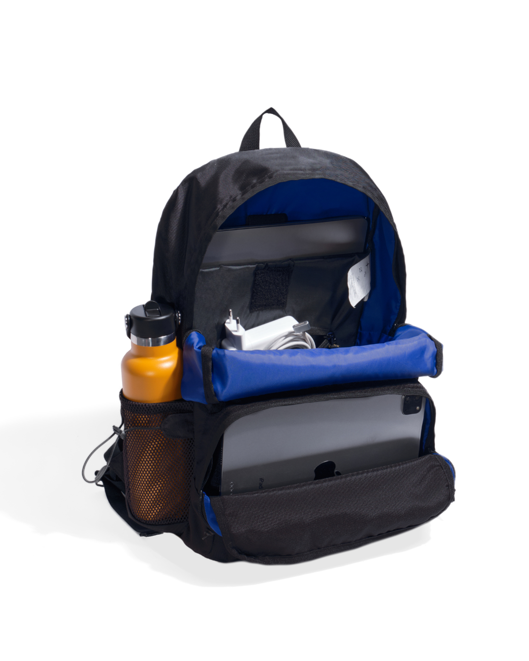 Open interior view of the black SYMA Foyer highlighting its high-contrast blue lining, dedicated laptop sleeve, front tablet pocket, and side water bottle mesh pocket. 16 inch commuter backpack.