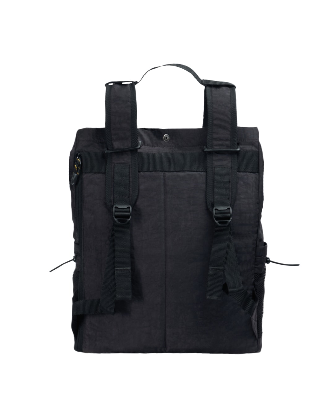 Back view of the black SYMA Chorus 17L 2-way backpack tote, highlighting the adjustable 2cm nylon webbing backpack straps, durable 2cm YKK buckles, top carry handles, and top snap button closure