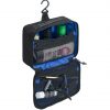Open hanging view of the SYMA Refine Toiletry Kit in black with a vibrant blue lining, highlighting its built-in hanging hook, internal mesh organization pockets, grooming elastic loops, and durable water-resistant nylon construction