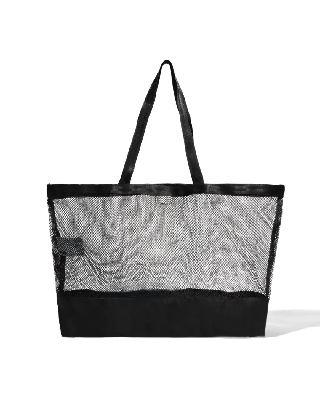Straight rear view of the black SYMA Peach highlighting its clean minimalist back profile, transparent mesh body, and solid ripstop base. Large urban tote bag.