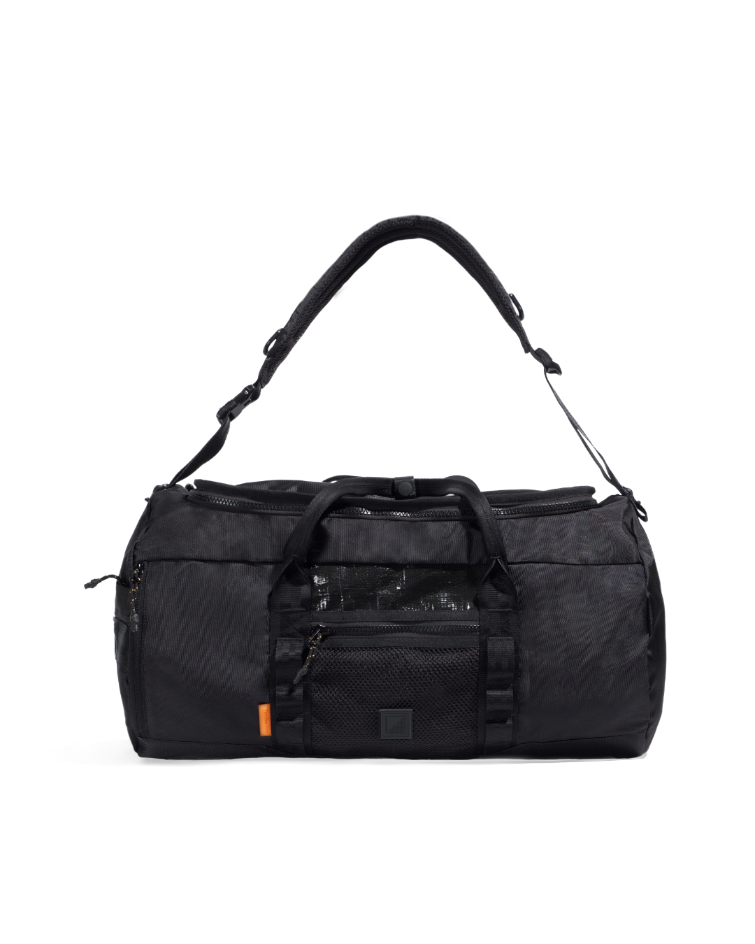 Front view of black SYMA Wonder Duffle Bag highlighting padded shoulder strap, grab handles, and front mesh pocket. Versatile weekend duffle bag