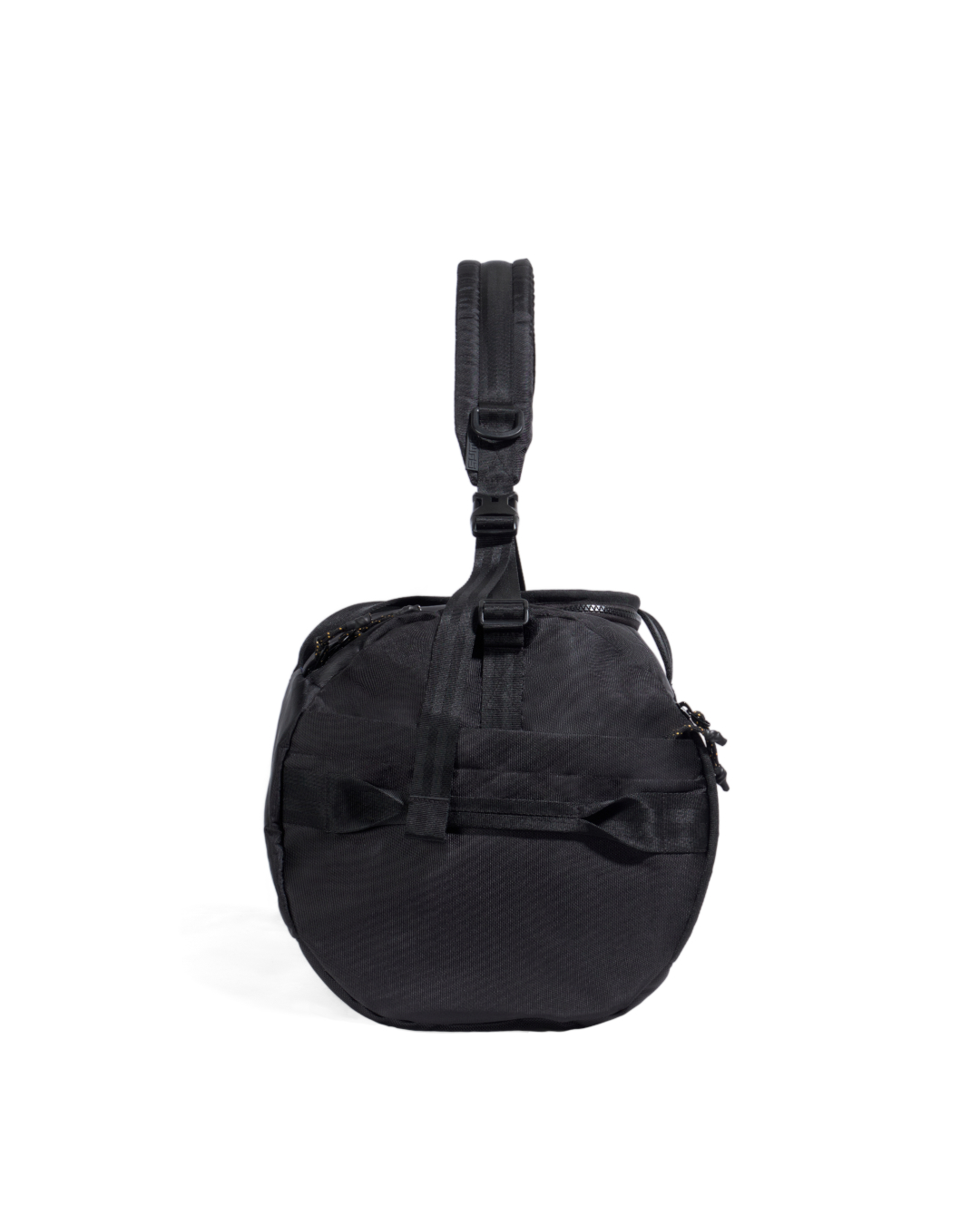 Side profile view of black SYMA Wonder Duffle Bag highlighting side grab handle and sturdy cylindrical shape. Versatile weekend duffle bag.