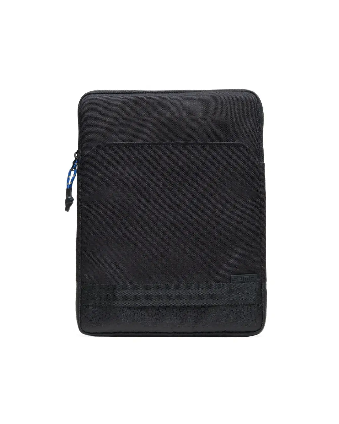 Straight front view of the black SYMA Opus highlighting its slim profile, front flat pocket, bottom hand-held strap, and stealth logo. Tactical 11 inch tablet sleeve.