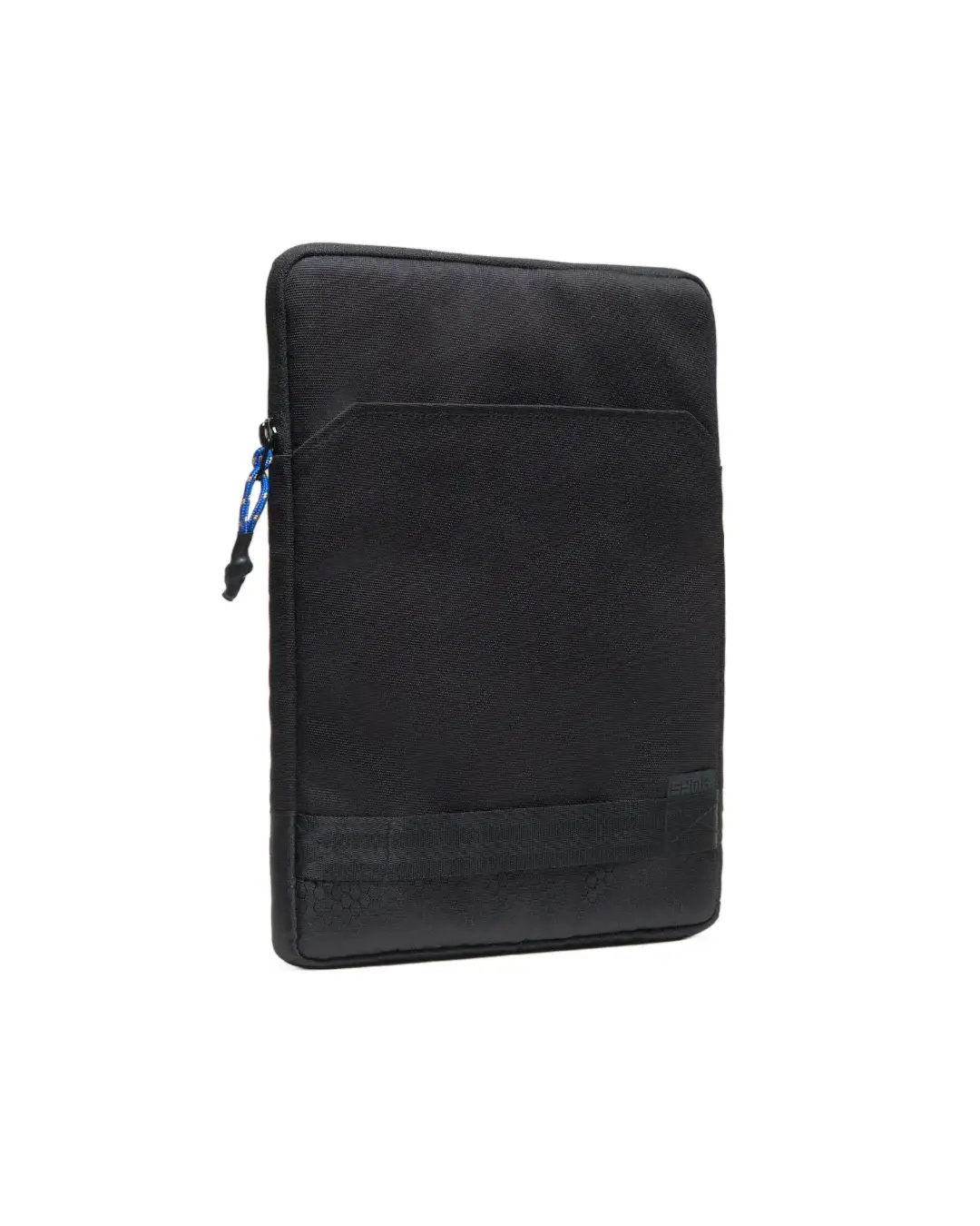 Angled front view of the black SYMA Opus highlighting its slim standing profile, front flat pocket, and horizontal hand-held strap. Tactical 11 inch tablet sleeve.