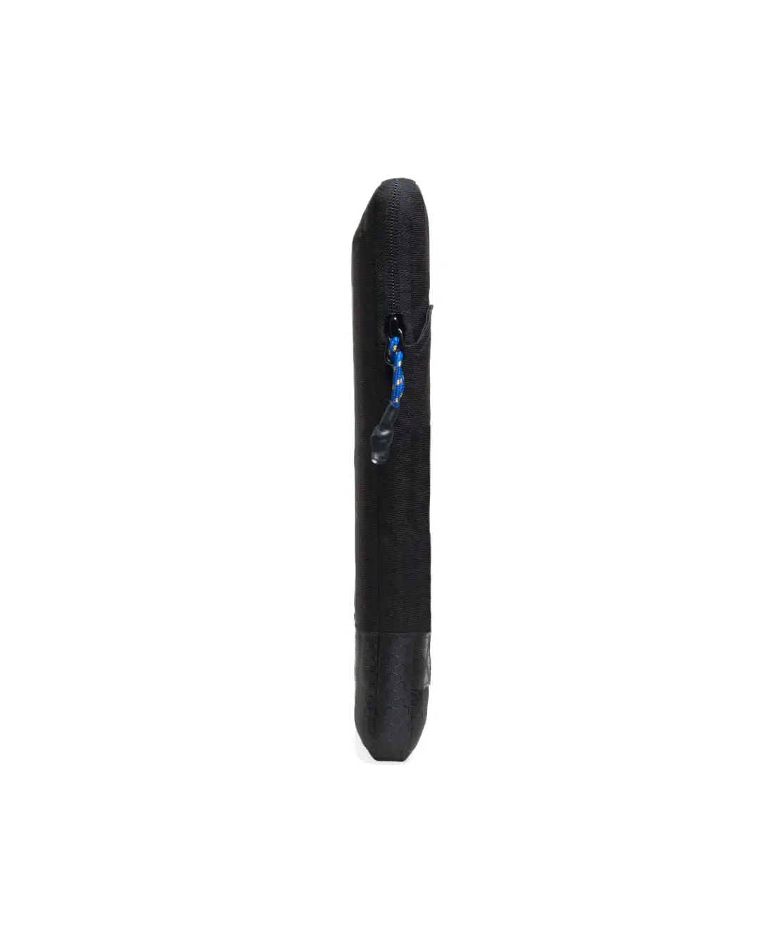 Straight side view of the black SYMA Opus highlighting its ultra-slim profile and blue speckled paracord zipper pull. Tactical 11 inch tablet sleeve.