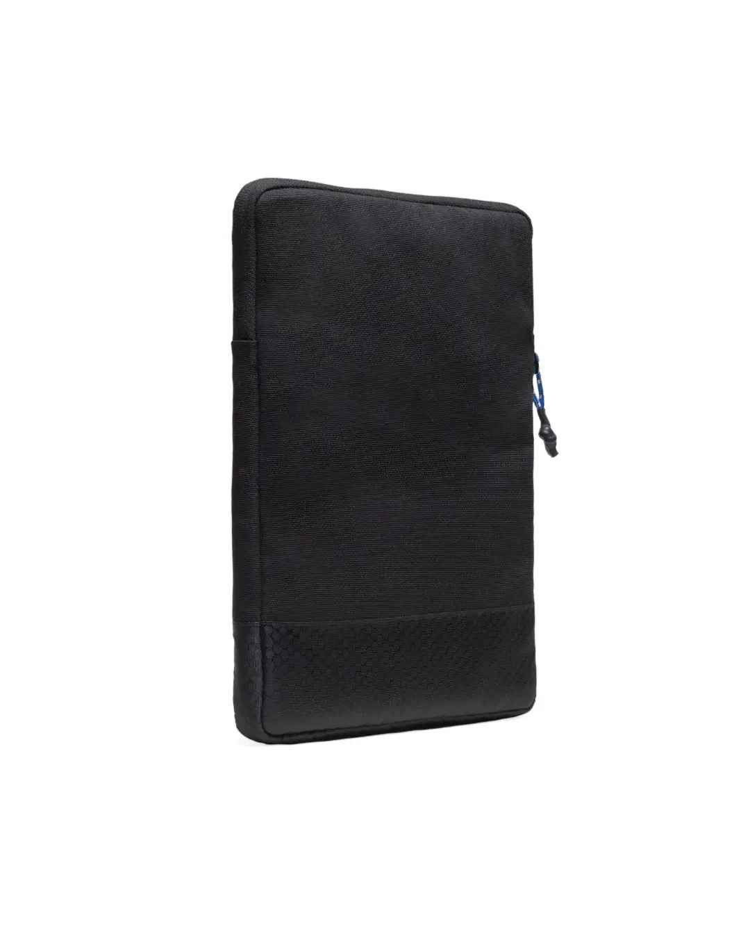 Angled rear view of the black SYMA Opus highlighting its clean minimalist back profile, hexagon ripstop bottom panel, and blue speckled zipper pull. Tactical 11 inch tablet sleeve.