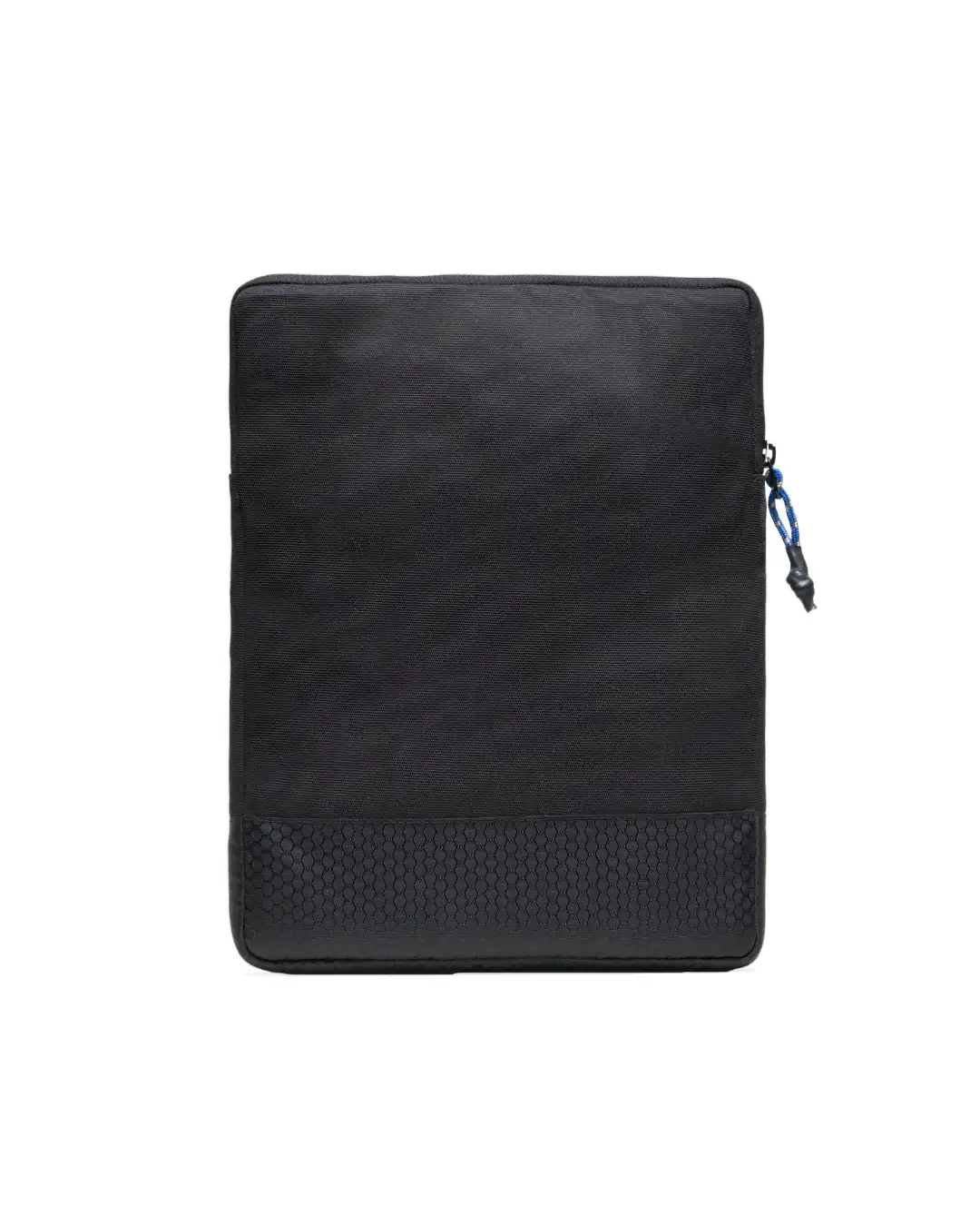 Straight rear view of the black SYMA Opus highlighting its clean minimalist back profile, textured hexagon ripstop bottom panel, and blue speckled zipper pull. Tactical 11 inch tablet sleeve.