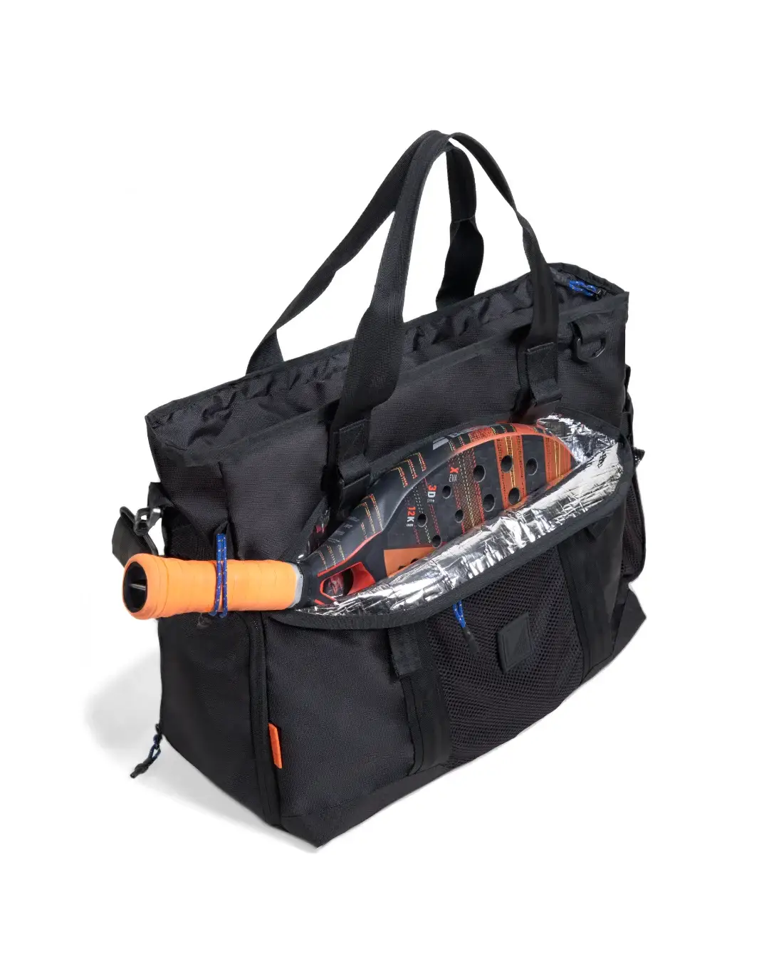 Angled view of SYMA Miles Racket-Tote Black showing padel racket inside thermal aluminum foil sleeve. Tennis bag