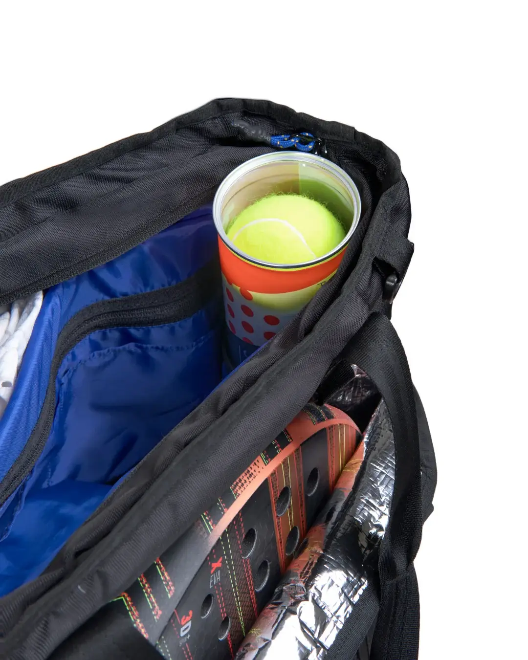 Top-down interior view of SYMA Miles Racket-Tote Black showing tennis balls and blue lining. Padel & tennis bag