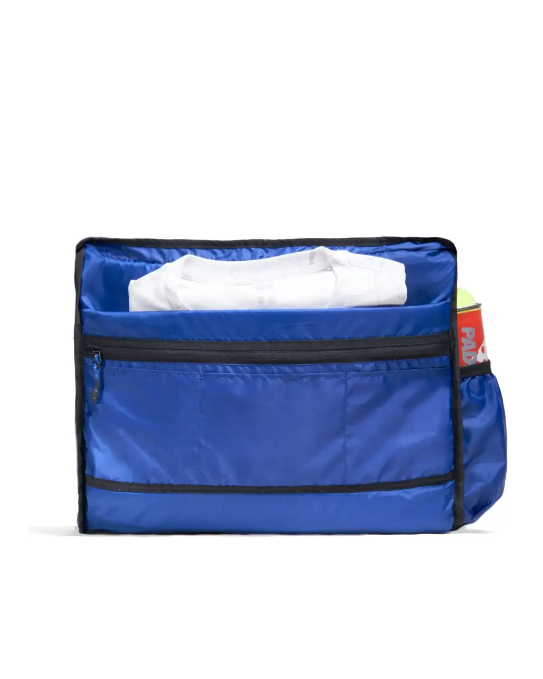 Front interior view showing blue lining and organization pockets on SYMA Miles Racket-Tote Black. Tennis and padel bag