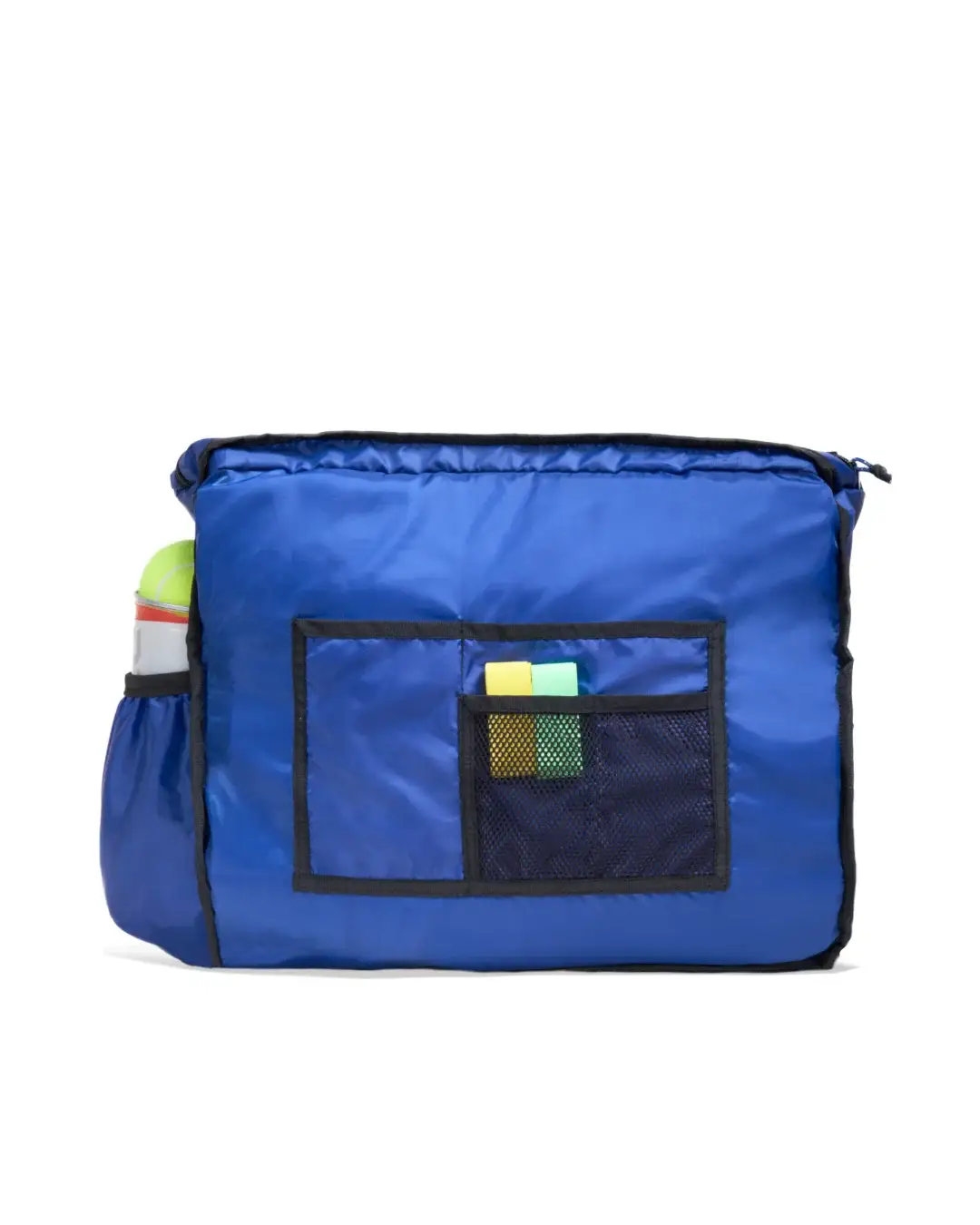 Back interior view showing blue lining and mesh accessory pocket on SYMA Miles Racket-Tote Black. Padel bag