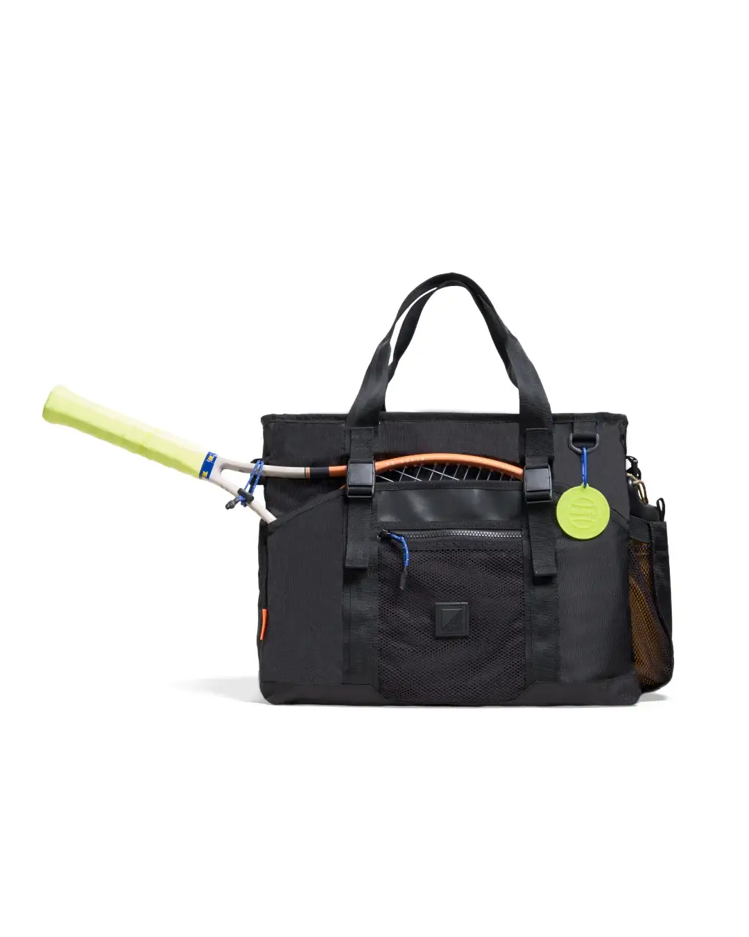Front view of SYMA Miles Racket-Tote Black securing tennis racket horizontally. Premium tennis bag