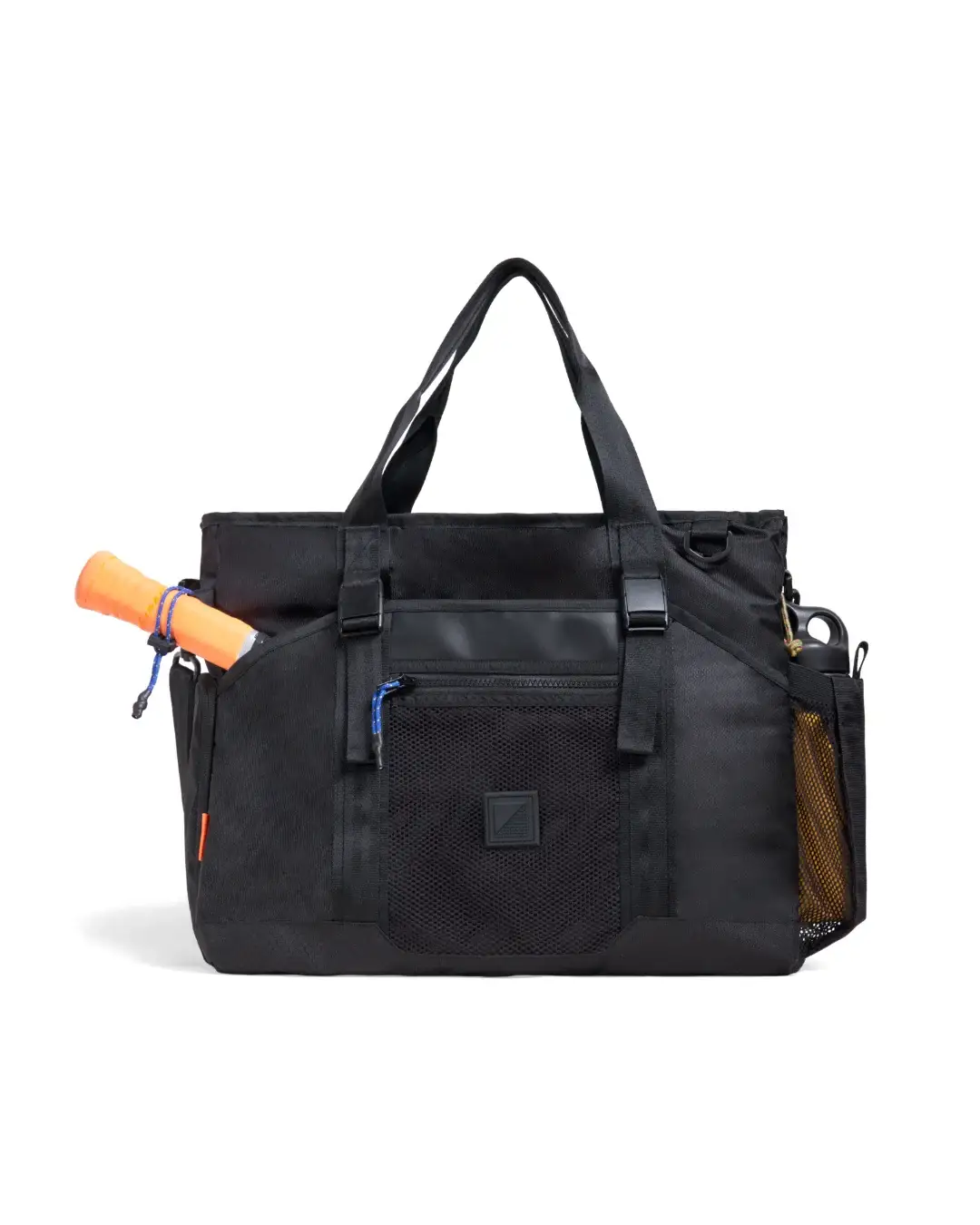 Front view of SYMA Miles Racket-Tote Black showing racket sleeve and bottle pocket. Padel & tennis bag