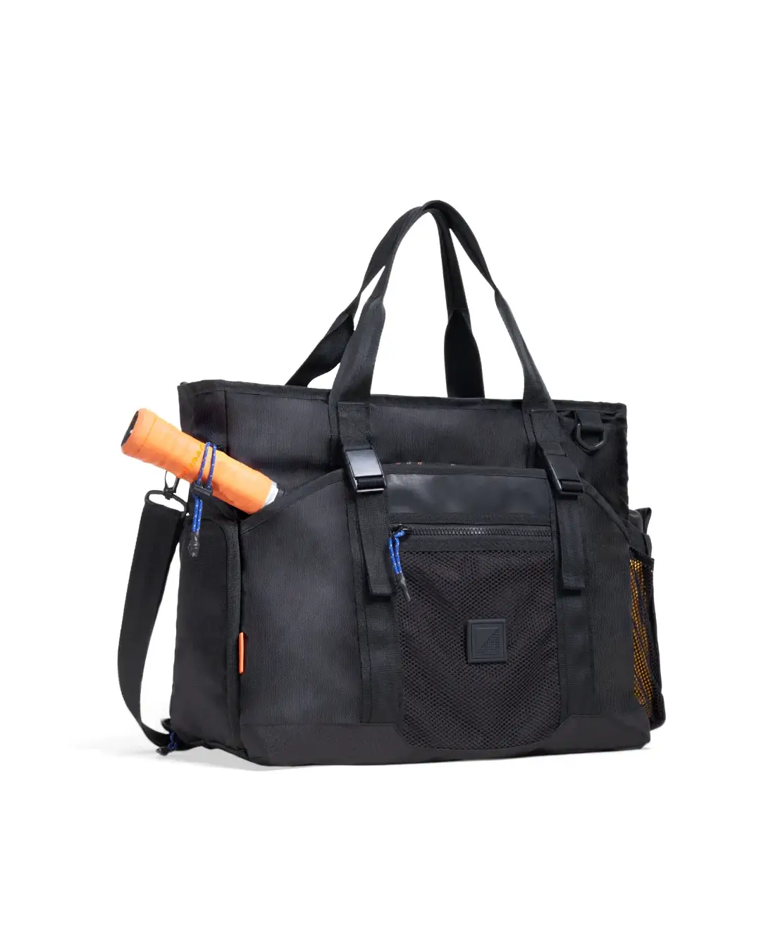 Angled view of SYMA Miles Racket-Tote Black showing front mesh pocket and strap. Premium padel & tennis tote
