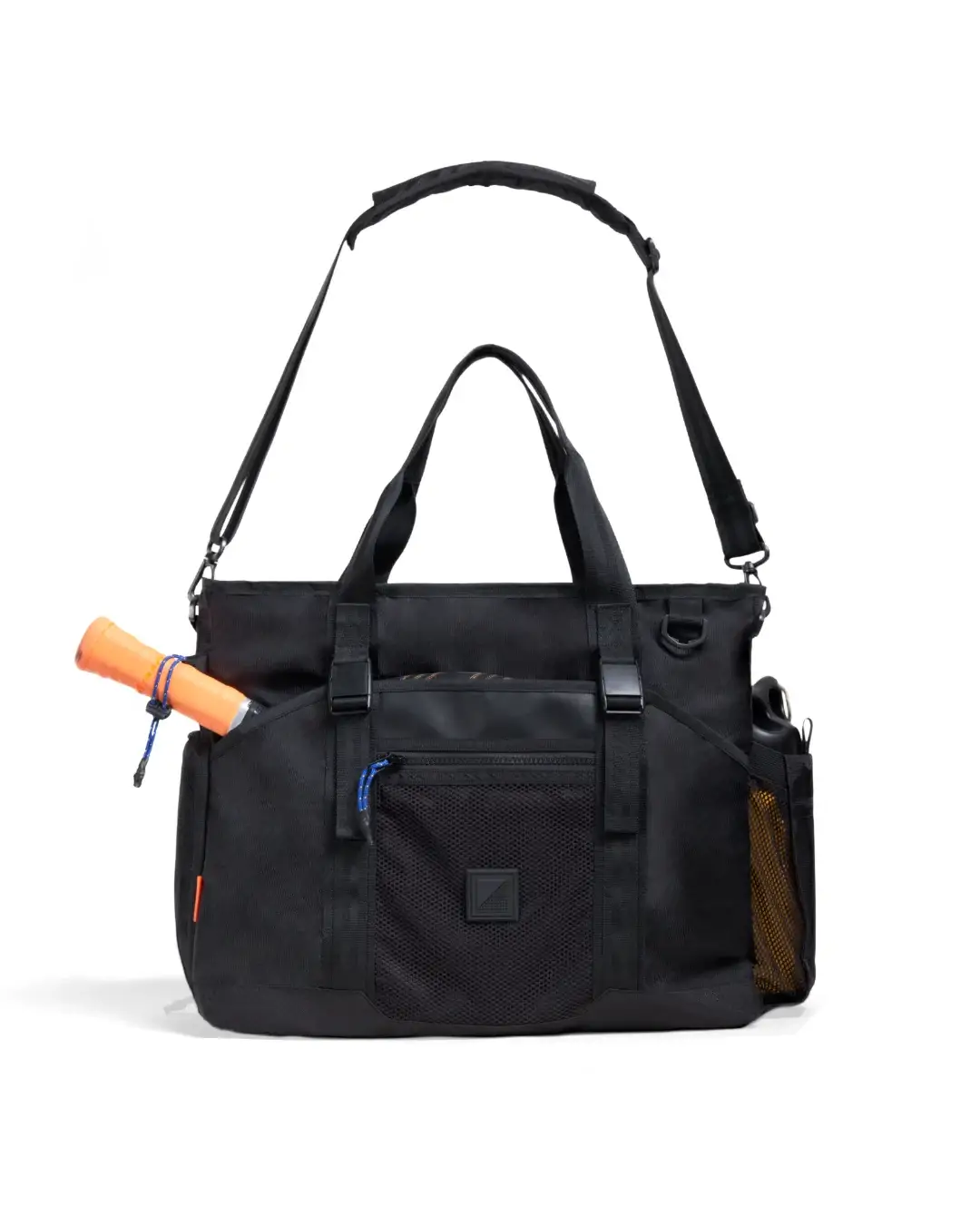 Front view of SYMA Miles Racket-Tote Black showing attached removable shoulder strap. Padel & tennis bag
