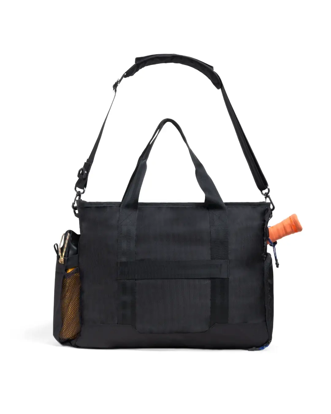 Back view of SYMA Miles Racket-Tote Black showing luggage slip-through and removable strap. Padel & tennis bag