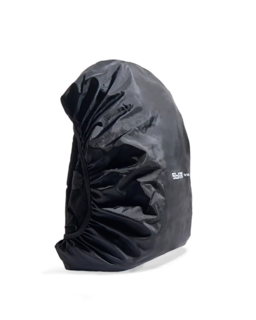 Side profile view of black SYMA Daytripper wrapping securely around a backpack, highlighting its elastic edges for a tight fit. Packable backpack rain cover.