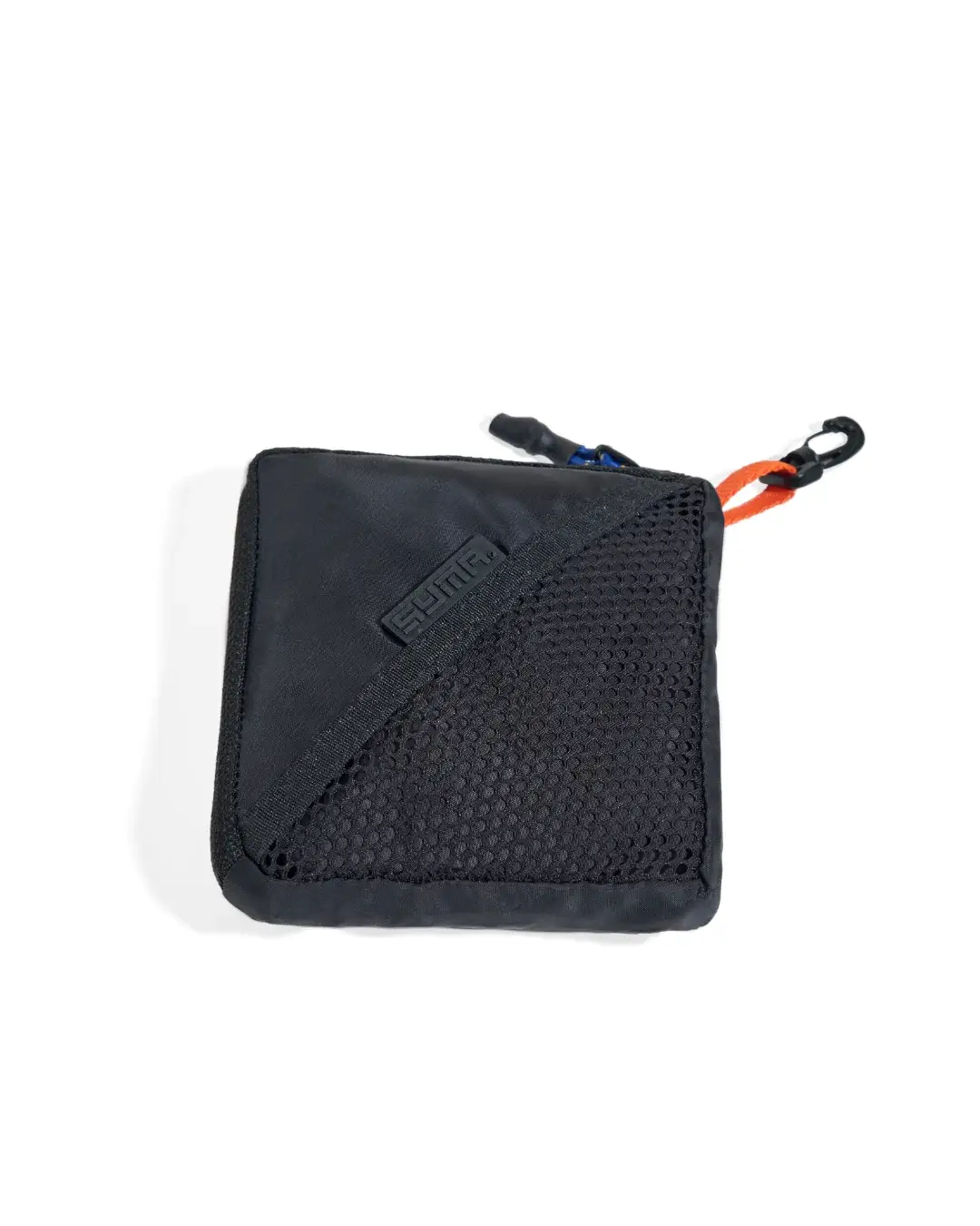 Front view of black SYMA Daytripper folded into its compact square pouch, highlighting rubber logo and mesh panel. Packable backpack rain cover.