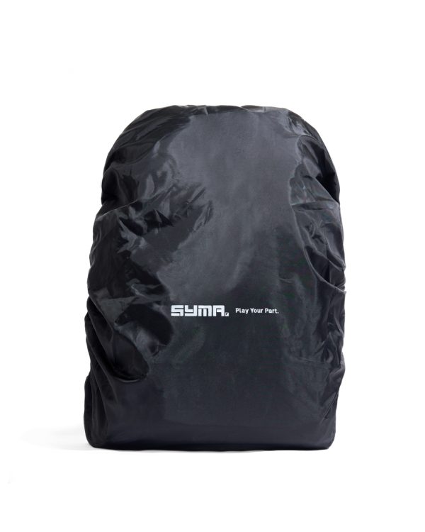 Front view of black SYMA Daytripper enclosing a bag, featuring white logo text in the center. Packable backpack rain cover