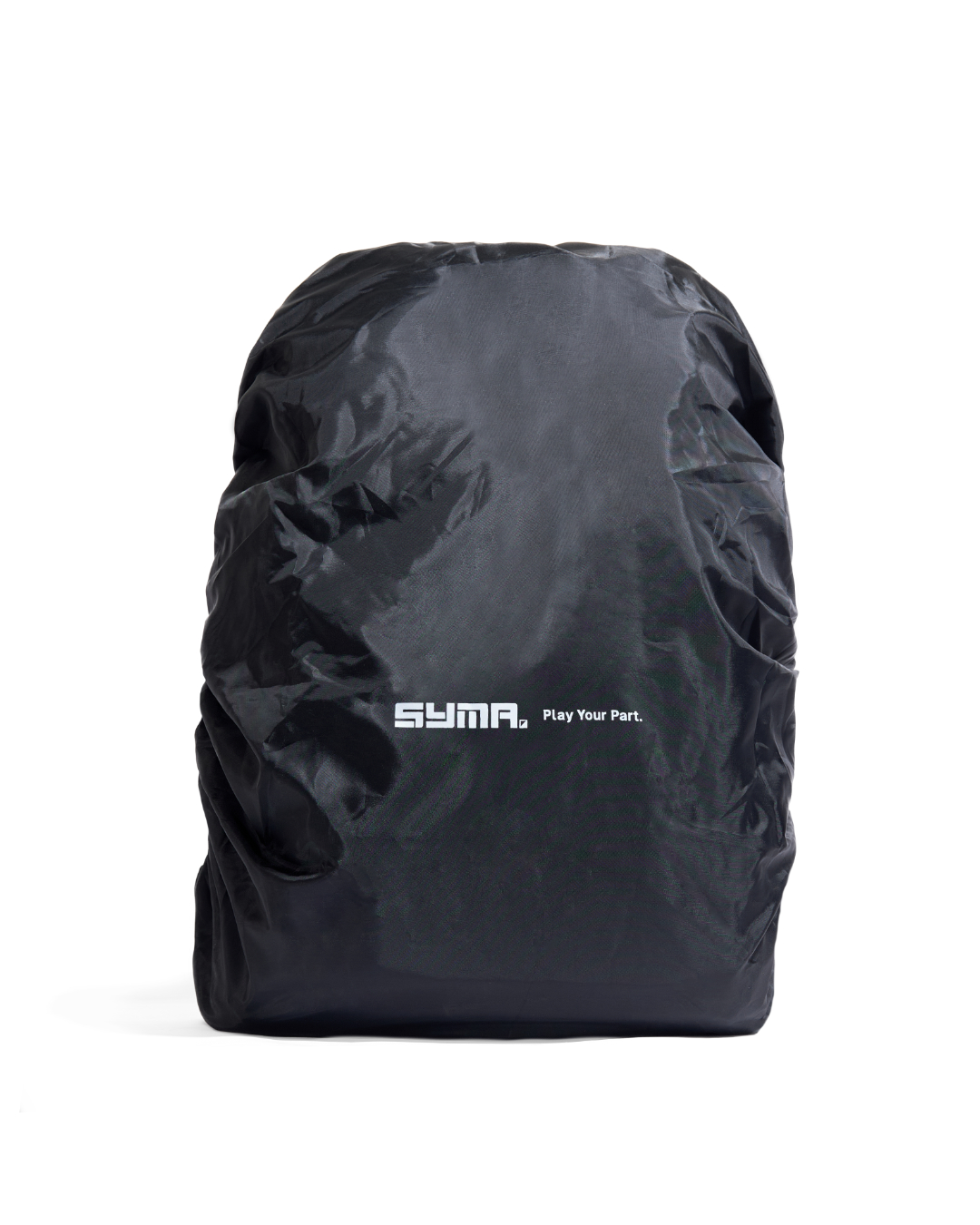 Front view of black SYMA Daytripper enclosing a bag, featuring white logo text in the center. Packable backpack rain cover