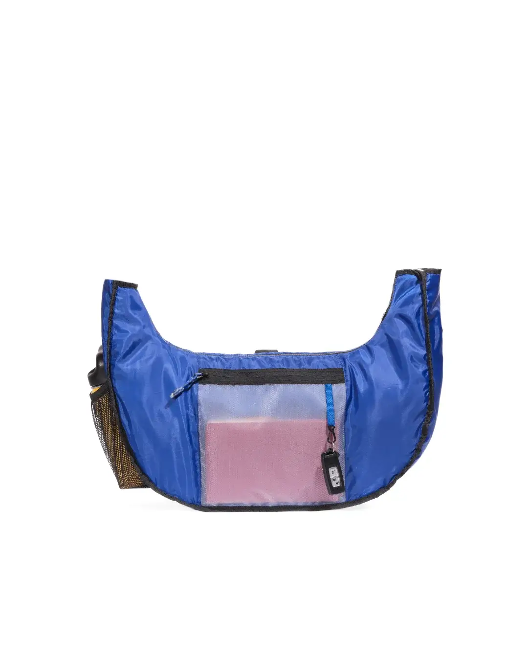 Interior view of SYMA Fable Sling Bag Light Cream showing blue lining, see-through pocket and key hook. Minimalist everyday sling bag