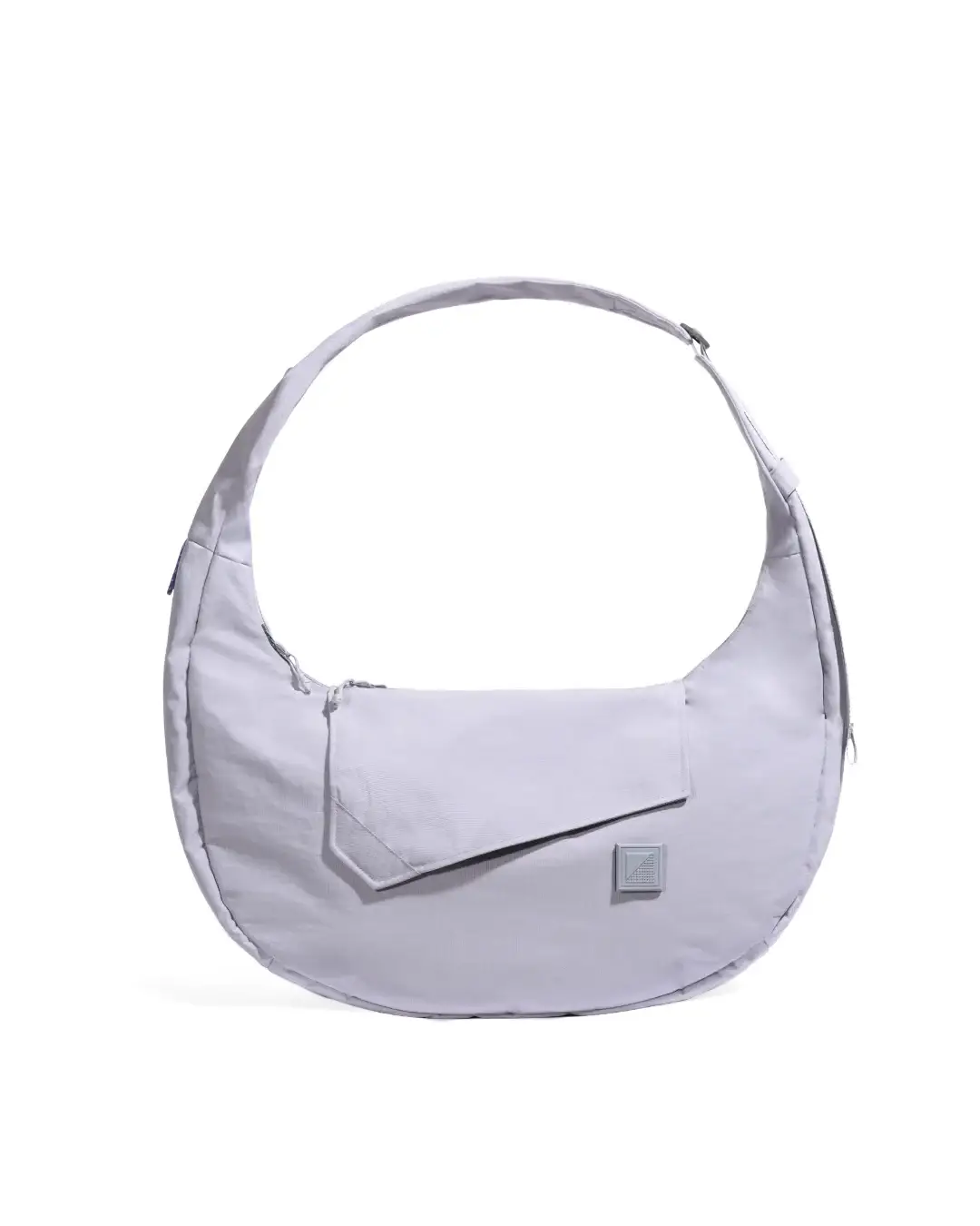 Front view of SYMA Fable Sling Bag Light Grey showing silent magnetic flap. Minimalist tech messenger