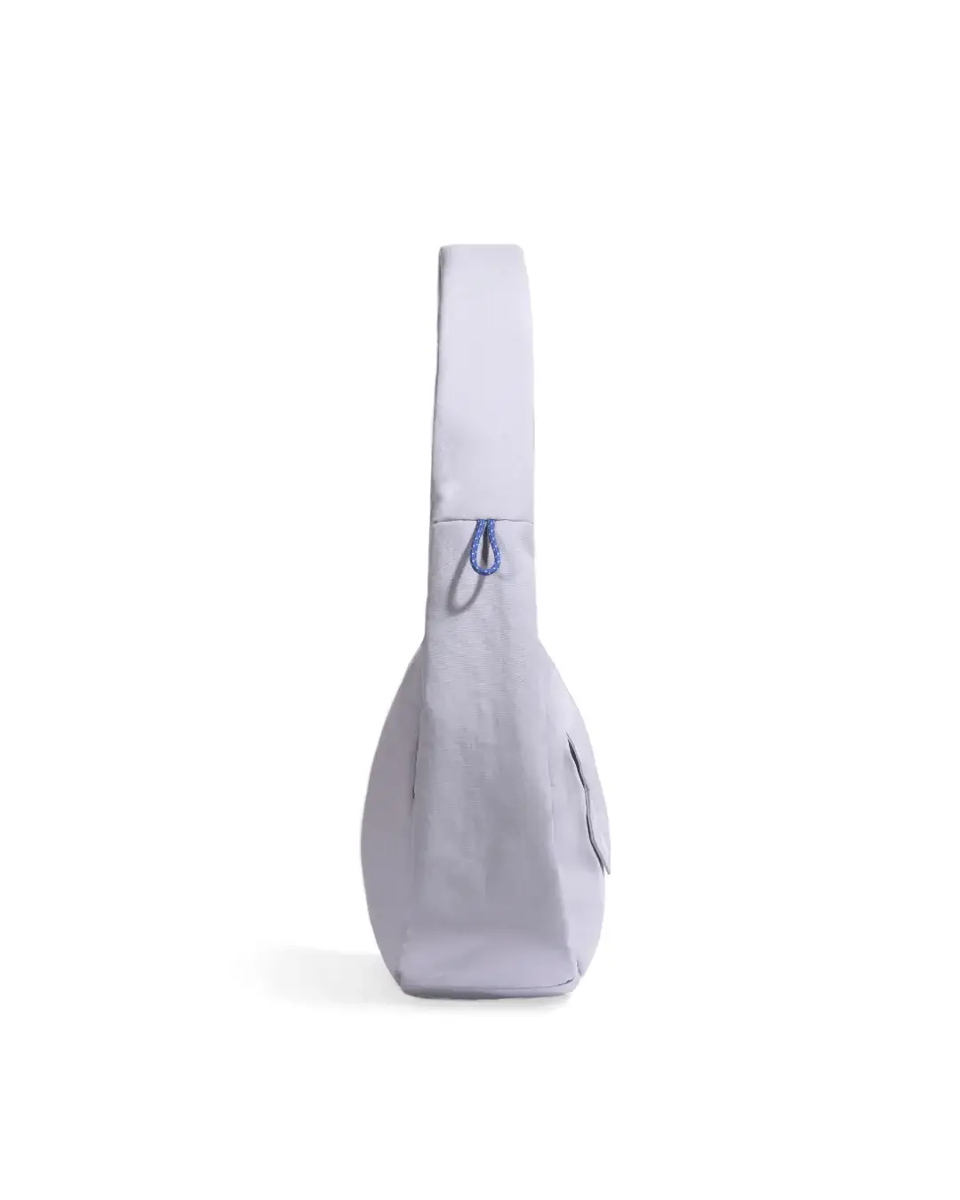 Left side view of SYMA Fable Sling Bag Light Grey showing side charm loop. Minimalist tech messenger
