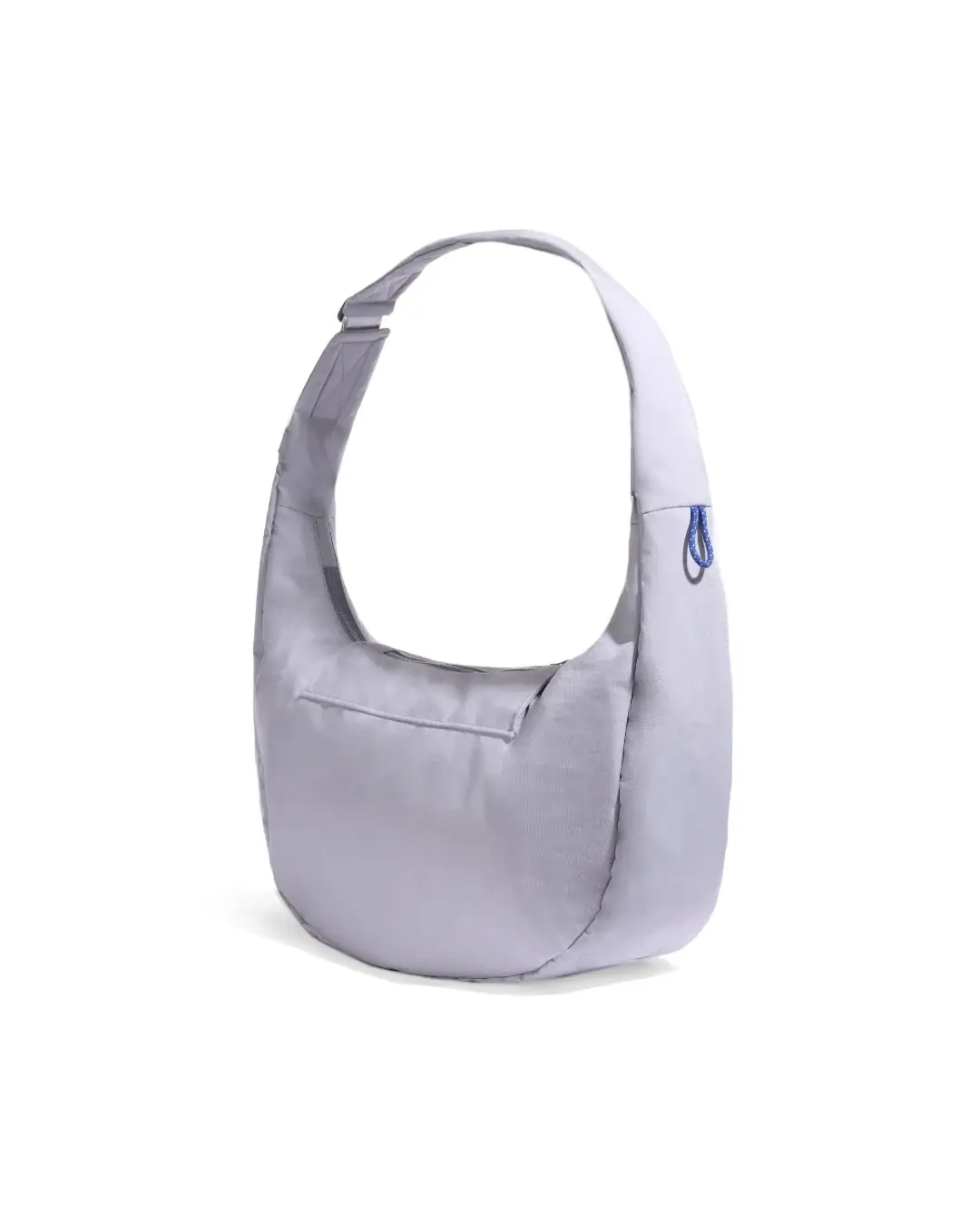 Rear left angled view of SYMA Fable Sling Bag Light Grey highlighting ergonomic strap connection. Minimalist tech messenger