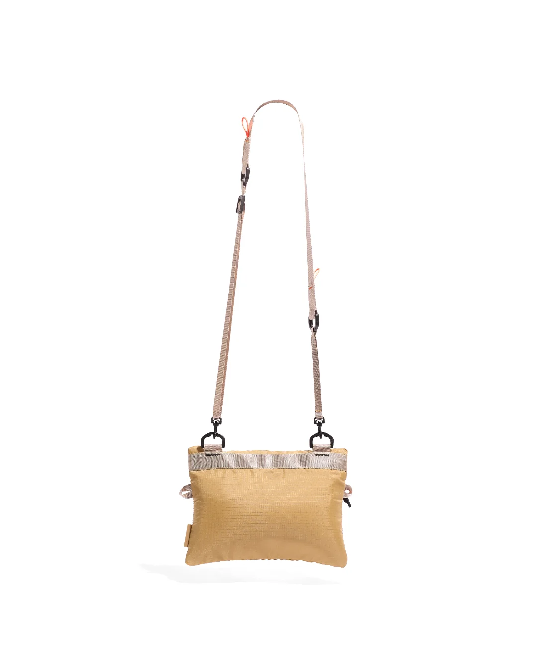 Rear suspended view of the SYMA Mantra khaki sacoche bag, showcasing the clean khaki ripstop polyester back panel, a reinforced horizontal webbing strip acting as a structural attachment point, and a full view of the adjustable khaki crossbody strap with black hardware