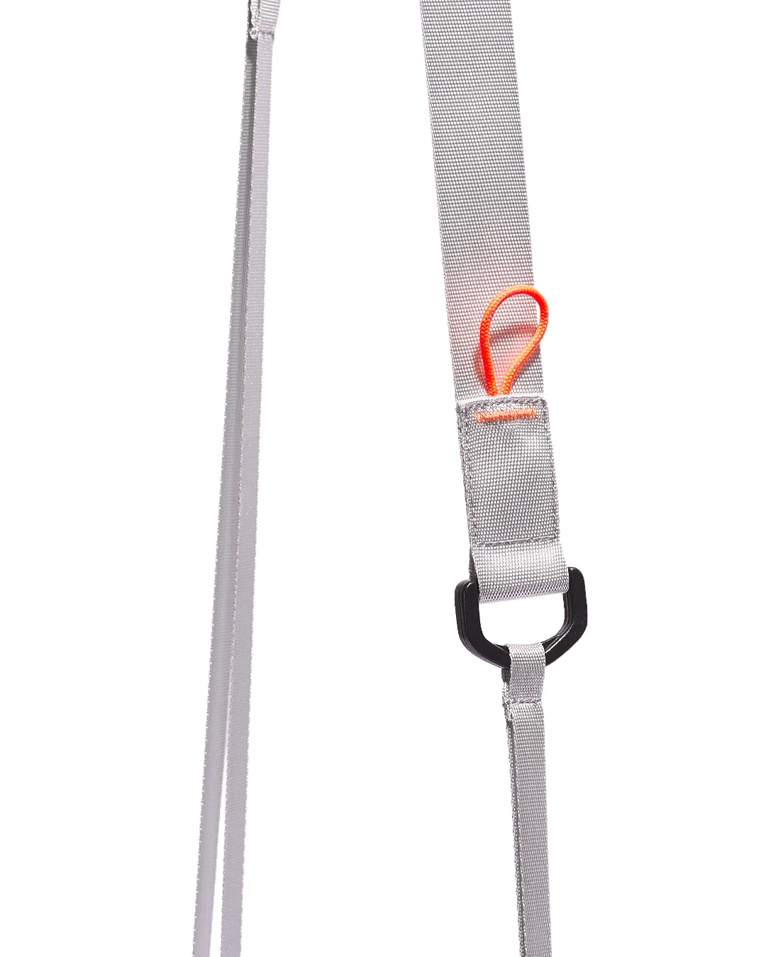 Extreme close-up detail of the SYMA Mantra navy sacoche bag strap, showing the light gray nylon webbing, a black D-ring adjuster, reinforced orange box stitching, and a high-visibility orange paracord pull loop